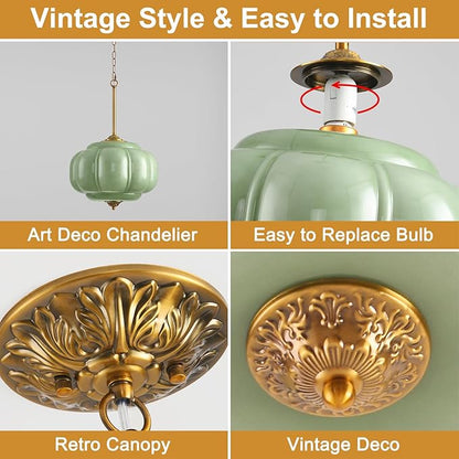 Green Glass Pendant Light, 15in Large Schoolhouse Light Fixture, LED Bulb Included, Vintage Art Deco Chandelier for Kitchen Island Dining Room Bedroom Hallway, Green & Antique Gold 1 Pack