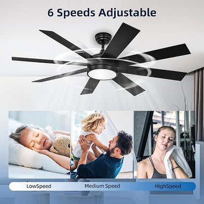 DWVO 60 Inch Black Ceiling Fan with Light and Remote, DC Fanlight for Indoor Outdoor, Modern Ceiling Fan with Reversible 6 Speeds, 3 Color Temperatures, Memory Function, Quiet Motor