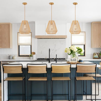 Woven Pendant Lights Hanging Lamp with 12" Hand Rattan Basket Shade Antique Brass Brush Paint Finish for Kitchen Island Farmhouse Dining Room Bar Bedroom Foyer Hallway