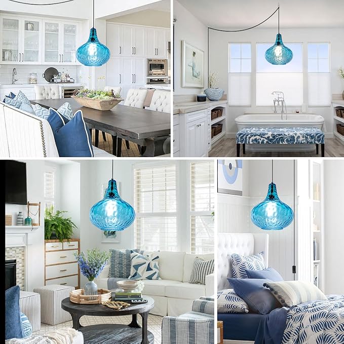 2-Pack Blue Hanging Lamp Vintage Plug in Pendant Light Fixture Globe Glass Plug in Ceilig Pendant Lamp with Cord Hammered Shade Plugin Hanging Lamp for Bedroom Dining Living Room