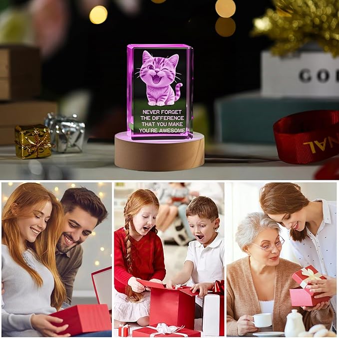 Kitty Crystal Figurine, Thank You Appreciation Gifts for Mentor Teacher Nurse, Going Away Gift Retirement Gift for Women Coworker Boss, Crystal Cat Night Light