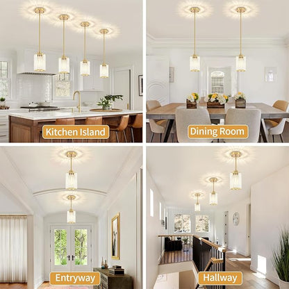 3 Pack Brushed Brass Pendant Lights Kitchen Island, Modern Crystal Pendant Lighting Over Island Kitchen Hanging Light Fixtures Adjustable Pendant Light for Dining Room Bathroom Entryway Hallway Foyer