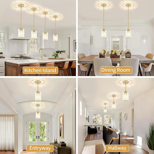 2 Pack Crystal Pendant Lights Kitchen Island, Brushed Brass Kitchen Pendant Lighting Over Island, Modern Dining Room Light Fixtures Adjustable Hanging Pendant Light for Bathroom Hallway Bedroom Foyer