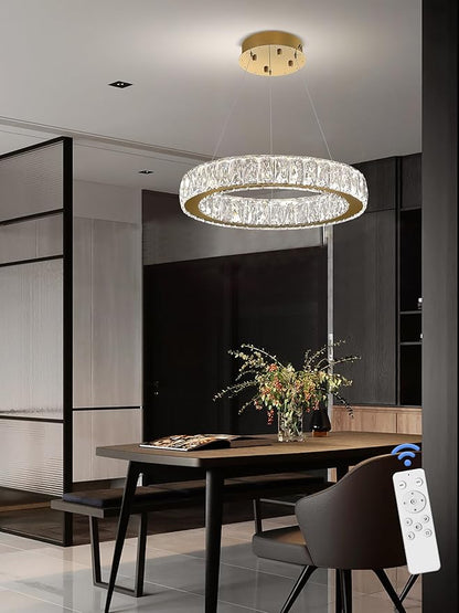 Modern LED Dimmable Crystal Chandelier 23.6" Ring Pendant Light Adjustable Gold Round Crystal Chandelier for Dining Room Living Room