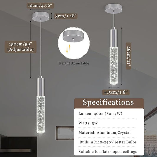 3-Pack Modern Crystal Pendant Light for Kitchen Island, Elegant Chrome LED Bubble Hanging Chandelier Lighting Fixture for Dining Room Bedside