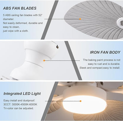 52inch Palm Leaf Ceiling Fans with Light Outdoor Tropical Ceiling Fans with Remote Timer Hand Carved 5 Blades DC Reversible Noiseless motor 6 Speeds Low Profile for Patios Living room Bedroom