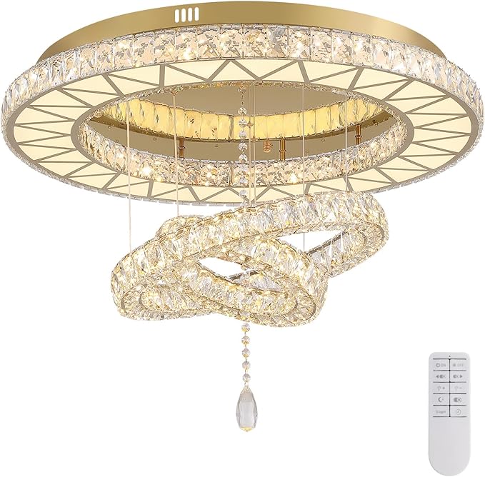 Siljoy 32" Gold Crystal Chandeliers, 3 Rings LED Flush Mount Ceiling Light, Dimmable Foyer Chandeliers for Living Room Dining Room Staircase, D12-18-32"