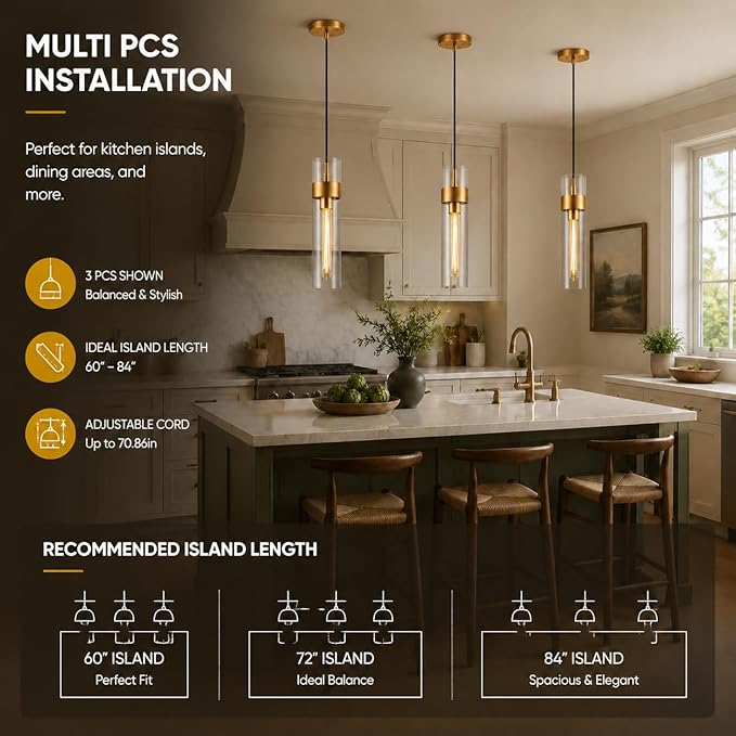 Modern Glass Brass Pendant Lights Kitchen Island, Adjustable Cord Pendant Light Fixtures, Kitchen Pendant Lighting Over Island, Indoor Chandelier for Bedroom Bathroom, Included Bulb