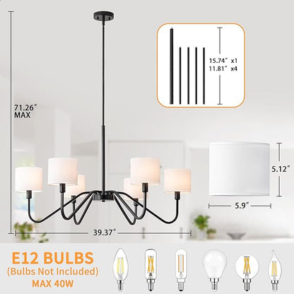 Modern Black 6-Light Chandelier, 39" Pendant Light with White Fabric Shade Adjustable Classic Chandelier Light Fixtures for Kitchen Island Dining & Living Room Entryway