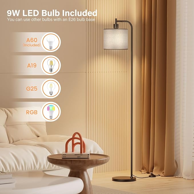 SIBRILLE Floor Lamp with Linen Shade, Dimmable Tall Standing Lamp with Remote Control & 3 Color Temperatures, Modern Corner Floor Lamps for Living Room Bedroom Office, 9W LED Bulb Included