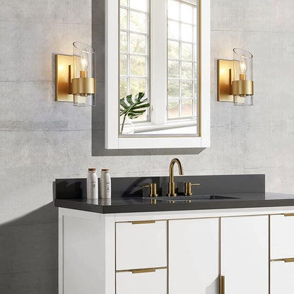 WUZUPS Set of 2 1-Light Bathroom Wall Light Fixture Over Mirror Class Shade Morden Vanity Scones for Bathroom Bedroom Living Room, E12 Base, Gold