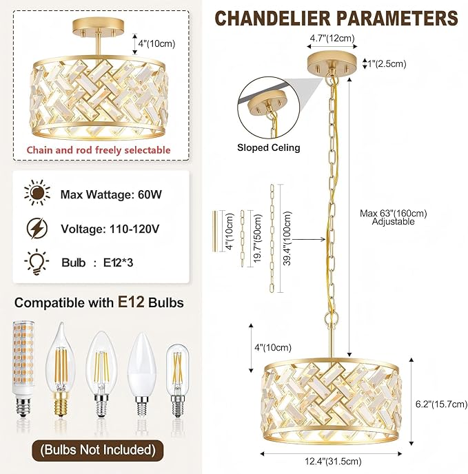 Gold Crystal Chandelier, 3-Light Morden Dining Room Light Fixture,12.4" Small Semi Flush Mount Chandeliers for Kitchen Foryer Entryway Hallway Living Room Bedroom (ETL Listed)