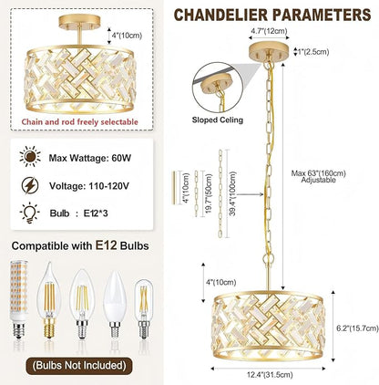 Gold Crystal Chandelier, 3-Light Morden Dining Room Light Fixture,12.4" Small Semi Flush Mount Chandeliers for Kitchen Foryer Entryway Hallway Living Room Bedroom (ETL Listed)