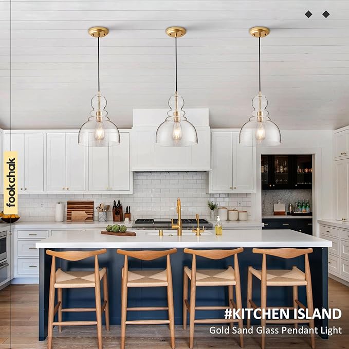 Gold Pendant Lights Kitchen Island, Large Gold Sand Glass Pendant Lighting Over Table 10inch Modern Brass Ceiling Island Light for Kitchen Sink Hallway Entrance