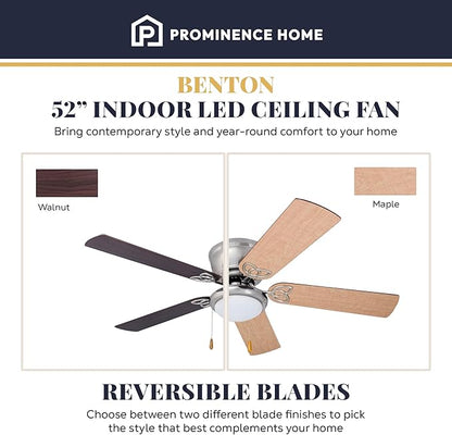 Prominence Home Benton Traditional 52 Inch Ceiling Fan with Light, LED Flush Mount Ceiling Fan, Indoor Fan with 5 Blades, Brown Walnut and Brown Maple Blade Finish Options, Brushed Nickel (51428-01)