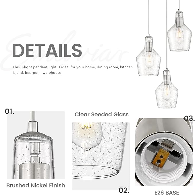 Emliviar Modern Kitchen Chandelier Brushed Nickel, 3-Light Hanging Pendant Lighting with Seeded Glass, Cluster Pendant Light Fixture for Entryway, DYE286G2-3 BN