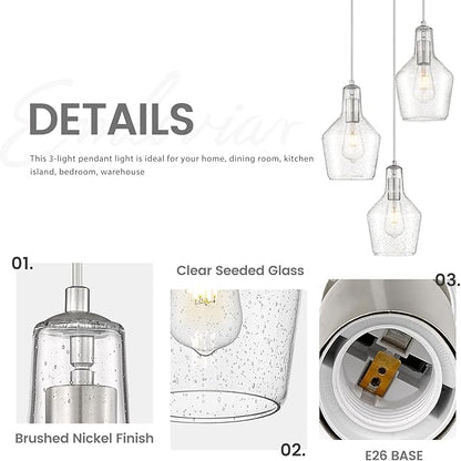 Emliviar Modern Kitchen Chandelier Brushed Nickel, 3-Light Hanging Pendant Lighting with Seeded Glass, Cluster Pendant Light Fixture for Entryway, DYE286G2-3 BN