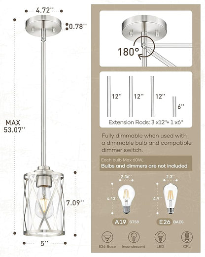 Beionxii 2 Pack Brushed Nickel Pendant Lights Kitchen Island, Glass Pendant Light Fixtures with Clear Glass and Rods, Kitchen Pendant Lighting Over Island, BX-PL07BN-2PK