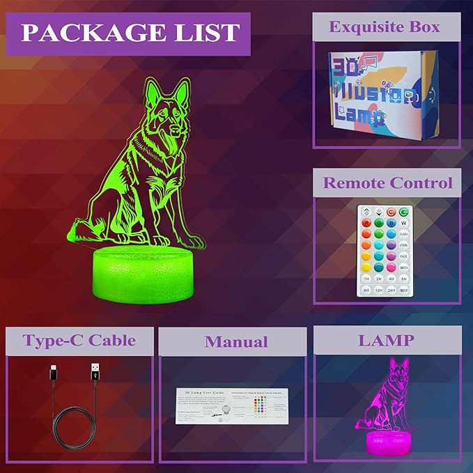 German Shepherd Dog Night Light, 16 Colors Changing, Remote Control with Timer, RGB Flashing Mode and Dimmable, Dog Lamp for Christmas Birthday Decor