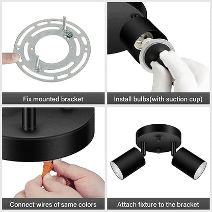 2 Light Track Lighting Fixtures Ceiling, Matte Black Round Directional Ceiling Spotlight, GU10 Flush Mount Track Fixture, Adjustable Modern LED Track Lights for Kitchen/Living Room, Bulb Not Included