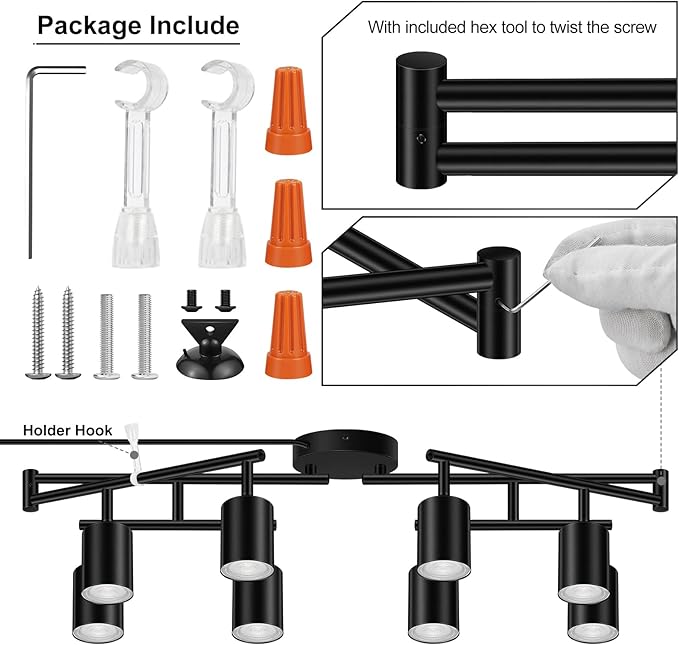 Plug in Track Lighting, LED Track Lighting Fixtures Ceiling, Black 8-Light Kitchen Light Kit, Plug in Wall Light with 14.8ft Power Cord, Rotatable Ceiling Spotlight for Bedroom(GU10 Socket, NO Bulb)