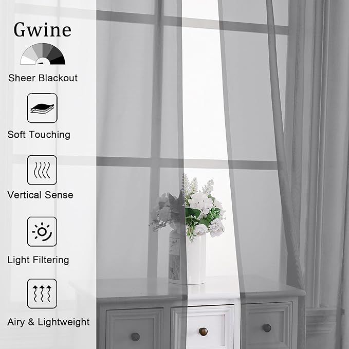 Gwine Charcoal Grey Sheer Curtains 30 Inch Length, Short Light Filtering Voile Small Cafe Kitchen Curtains with Rod Pocket, Short Curtain for Bathroom Window, 42x30 Inch, 2PCS