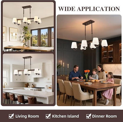 Dining Room Light Fixture Chandelier Over Table,6 Light Kitchen Island Lighting Hanging for Farmhouse Linear Chandeliers Oil Rubbed Bronze Rustic Ceiling Pendant Light with Frosted Glass Shade