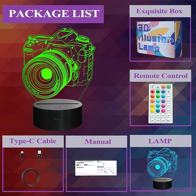 Photographer Gifts for Men, Camera 3D Night Light with Remote Control, 16 Colors Changing, Timer, Dimmable, RGB Flashing Mode, Photography Gifts Gifts for Men Women Christmas Decor
