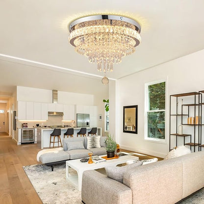 FRIXCHUR 19.7" Crystal Chandelier Crystal Ceiling Light Modern LED Flush Mount Chandeliers Light Fixture for Bedrooms Living Dining Room 2700K/4000K/6500K Changeable Color