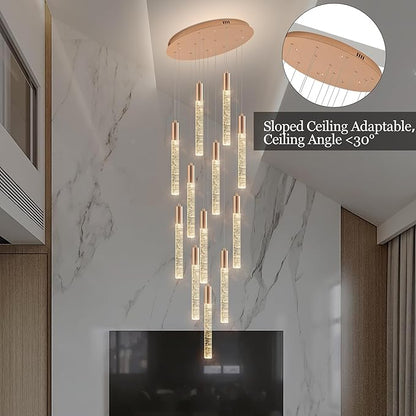 12-Lights High Ceiling Crystal Chandelier, Modern Large LED Raindrop Pendant Light Fixture 99" H Flush Mount Chandelier Gold for Foyer Staircase Villa Living Room