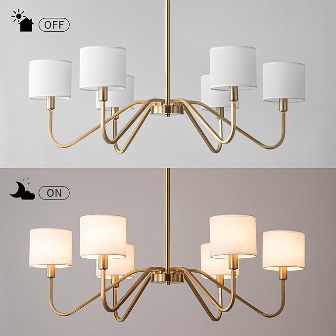 Modern Gold 6-Lights Chandelier, 39" Pendant Light with White Fabric Shade Adjustable Classic Chandelier Light Fixtures for Kitchen Island Dining & Living Room Entryway