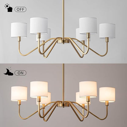 Modern Gold 6-Lights Chandelier, 39" Pendant Light with White Fabric Shade Adjustable Classic Chandelier Light Fixtures for Kitchen Island Dining & Living Room Entryway