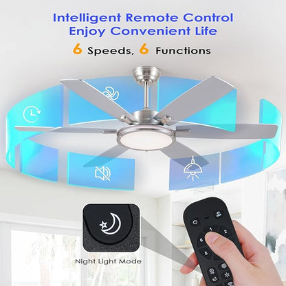 Hounberi Ceiling Fans with Lights, 52 Inch Brushed Nickel Ceiling Fan with Light and Remote Control, 3CCT, 6 Speeds, Quiet Reversible DC Motor, Dimmable, Ceiling Fan for Bedroom, Patio, Living Room
