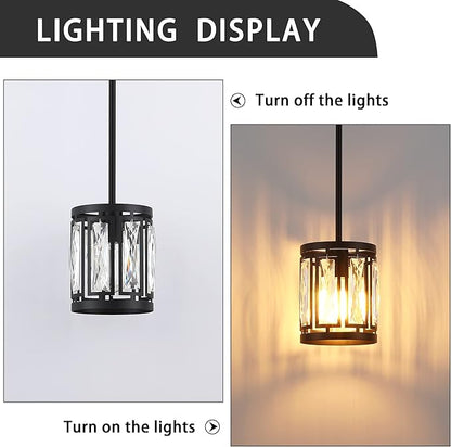 Crystal Pendant Lighting Fixture Matte Black Drum Shade Chandelier,2-Pack Pendant Lights for Kitchen Island Modern Ceiling Lights for Living Room
