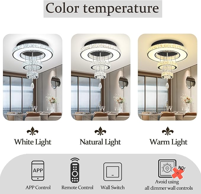 Flashing God Dia 24" Modern Chandelier for Living Room Black Crystal Ceiling Chandelier Flush Mount Ceiling Light for Dining Room Bedroom Hallway LED Light Fixture Dimmable with Remote