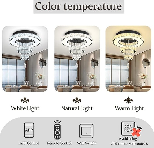 Flashing God Dia 20" Crystal Chandeliers Black Modern Living Room Chandelier LED Crystal Ceiling Light Flush Mount Chandelier for Bedroom Dining Room Entryway