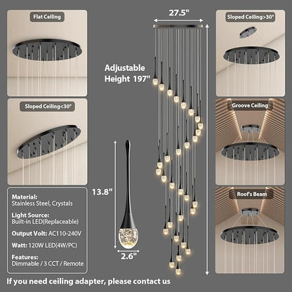 Raindrop Crystal Chandelier High Ceiling: 30 Lights Black Dimmable LED With Remote Control - Large Long Modern Bubble Hanging Teardrop Spiral Chandeliers for Living Room Staircase Entryway Foyer