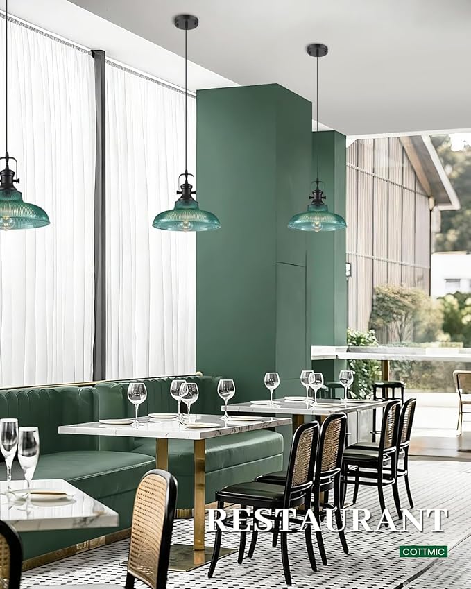Green Glass Pendant Lights Kitchen Island, 12in, Ribbed Glass Kitchen Pendant Lights Fixture, Farmhouse Pendant Lighting for Dining Room Bedroom Bar Sink, 2 Pack