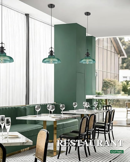 Green Glass Pendant Lights Kitchen Island, 12in, Ribbed Glass Kitchen Pendant Lights Fixture, Farmhouse Pendant Lighting for Dining Room Bedroom Bar Sink, 2 Pack
