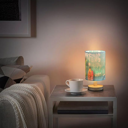 Table Lamp Colorful Surfboard Palm Tree Graphic Blue Wooden Summer Ocean Nightstand Lamp with Wood Base Fabric Lamp Shade Bedside Desk Lamp for Living Room Bedroom Kids Room Office