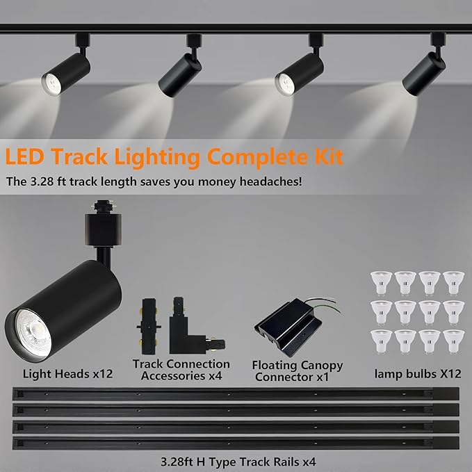Plug in 3CCT Black Track Lighting Complete Kit with 4 * 3.28FT H Track Light Rails and 120V 12x10W GU10 Track Light Heads Brightness Dimmable Ceiling Spotlight Fixture for Accent Lighting