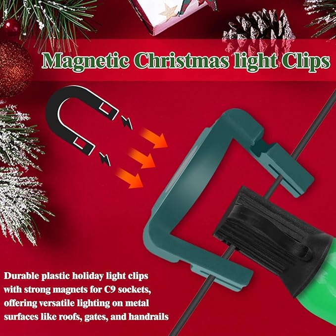 240PCS Extra Strong Magnetic Christmas Light Clips for C9 Socket, Transparent Round Christmas Light Hooks for Outside Decor, Fence, Steel Gutters and Roofs Outdoor Patio Lighting, Green