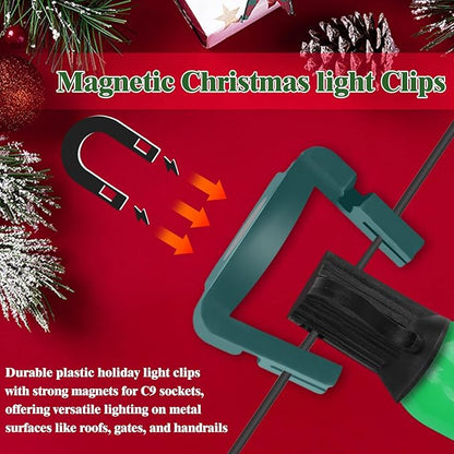240PCS Extra Strong Magnetic Christmas Light Clips for C9 Socket, Transparent Round Christmas Light Hooks for Outside Decor, Fence, Steel Gutters and Roofs Outdoor Patio Lighting, Green