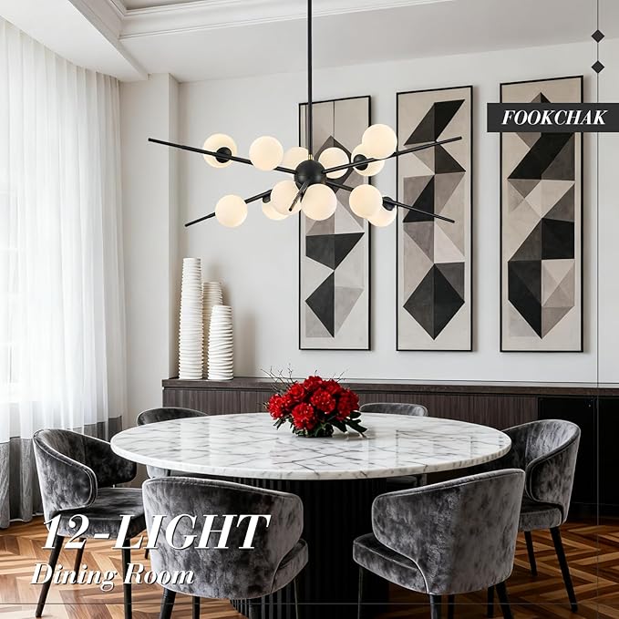 Large Black Sputnik Chandelier 39in 12-Light Frosted Glass Chandelier Light Fixture Mid-Century Modern Molecular Chandeliers for Living Room Dining Room Foyer Kitchen Bedroom