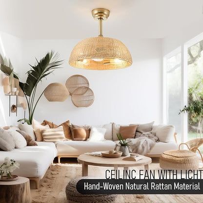 19.3" Rattan Caged Ceiling Fan with Lights 4-Lights Boho Flush Mount Bamboo Fandelier with Remote Reversible Farmhouse Wicker Fan Chandelier for Bedroom Living Room Dining Room Entryway