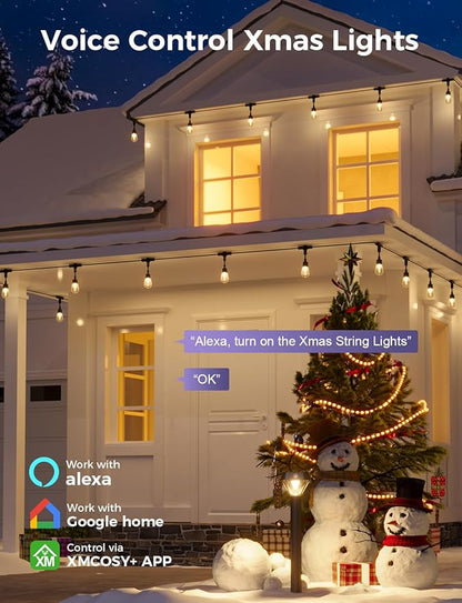 XMCOSY+ Smart Outdoor String Lights, 123Ft LED Patio Lights Waterproof IP65, App Control, Compatible with Alexa, Dimmable Edison Bulbs Outdoor Light for Yard Porch Bistro Outside