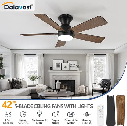 Ceiling Fans with Lights, 42 Inch Low Profile Ceiling Fan with Light and Remote Control, Flush Mount, Reversible, 3CCT, Dimmable LED, Quiet, Black Ceiling Fan for Bedroom, Kitchen