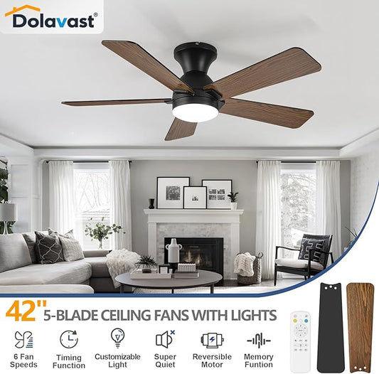 Ceiling Fans with Lights, 42 Inch Low Profile Ceiling Fan with Light and Remote Control, Flush Mount, Reversible, 3CCT, Dimmable LED, Quiet, Black Ceiling Fan for Bedroom, Kitchen