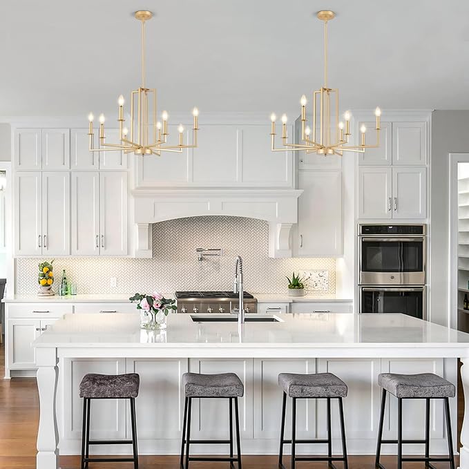 Modern Gold Chandelier, Farmhouse Candle Dining Room Chandeliers, Metal Hanging Pendant Light Fixture for Kitchen, Foyer, Bedroom, Living Room, Staircase, Entryway, 8-Light