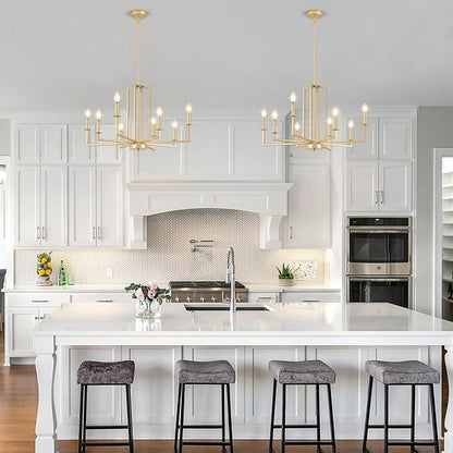 Modern Gold Chandelier, Farmhouse Candle Dining Room Chandeliers, Metal Hanging Pendant Light Fixture for Kitchen, Foyer, Bedroom, Living Room, Staircase, Entryway, 8-Light